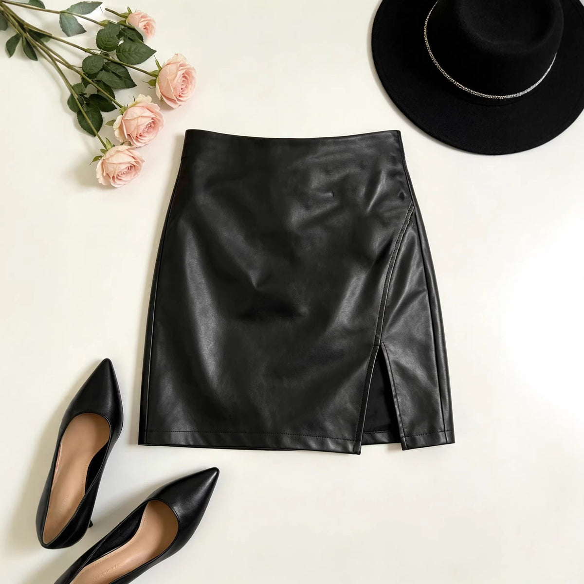 Women's Black Solid Color Leather Sexy Slit Skirt