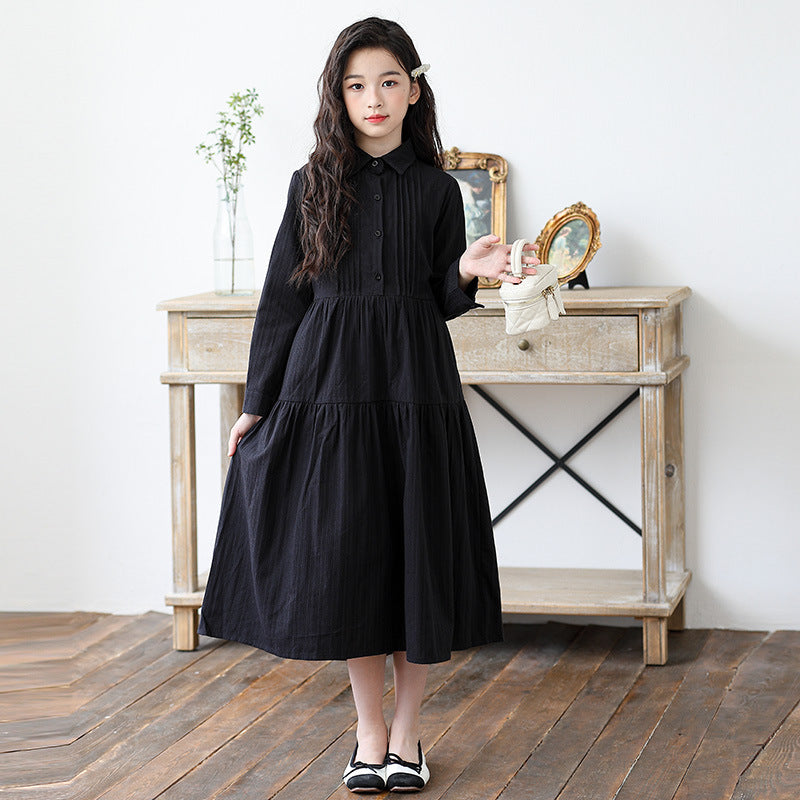 Children's Fashionable Stylish Korean Pleated Blouse Collar Long Children's Dress