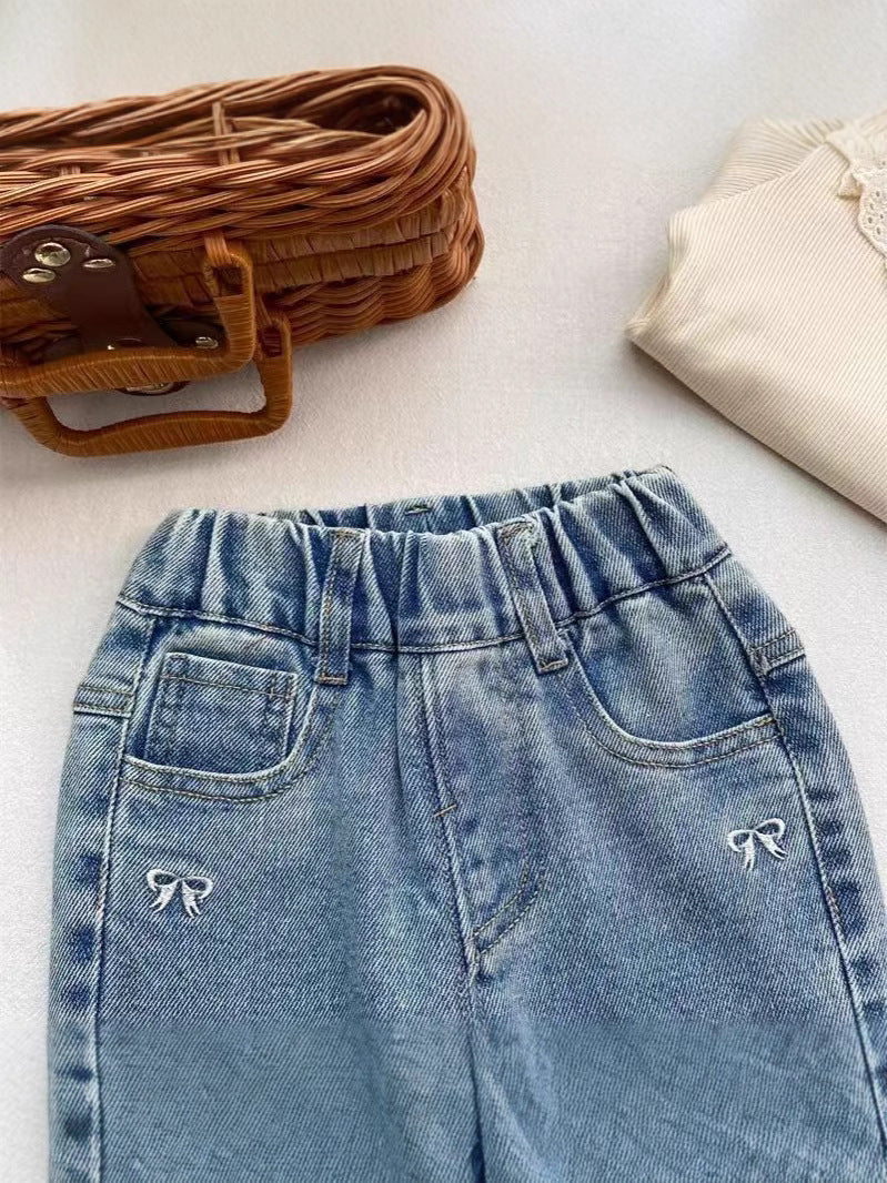 Western Style Exquisite Embroidered Bow Bell-bottom Children's Pants