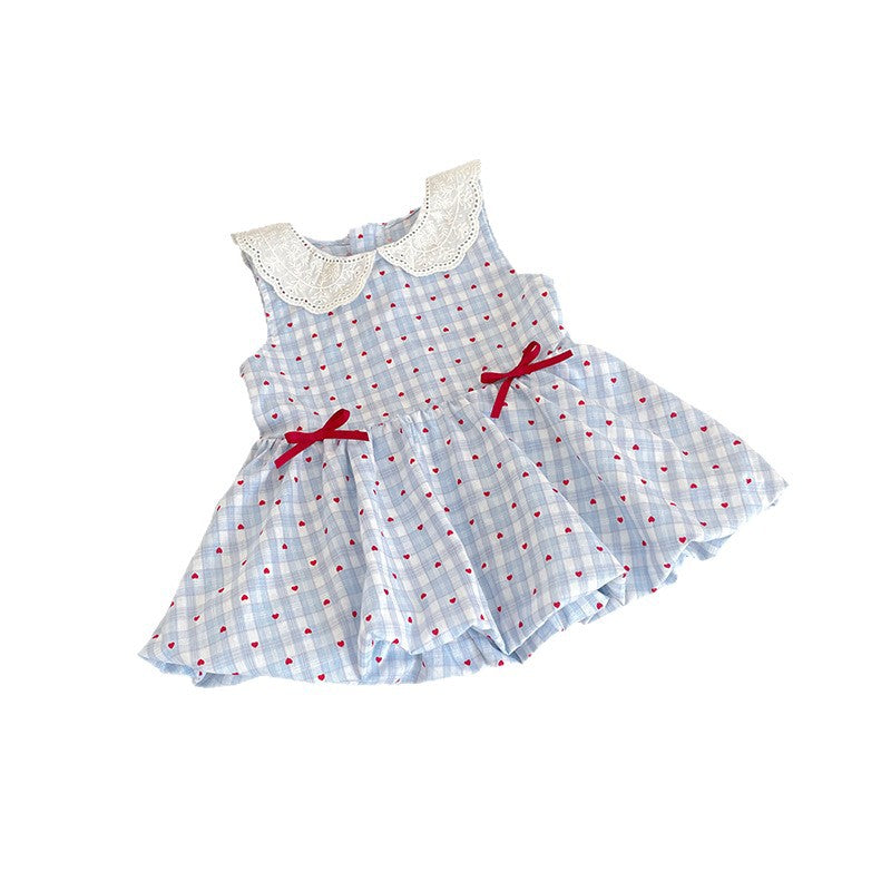 Women's & Children's Summer Blue Plaid Heart Printing Vest Children's Dress