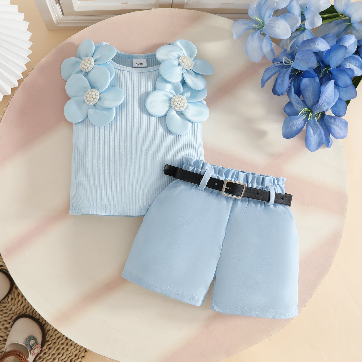 Sleeveless Big Flower Sunken Stripe Top Belt Children's Suit