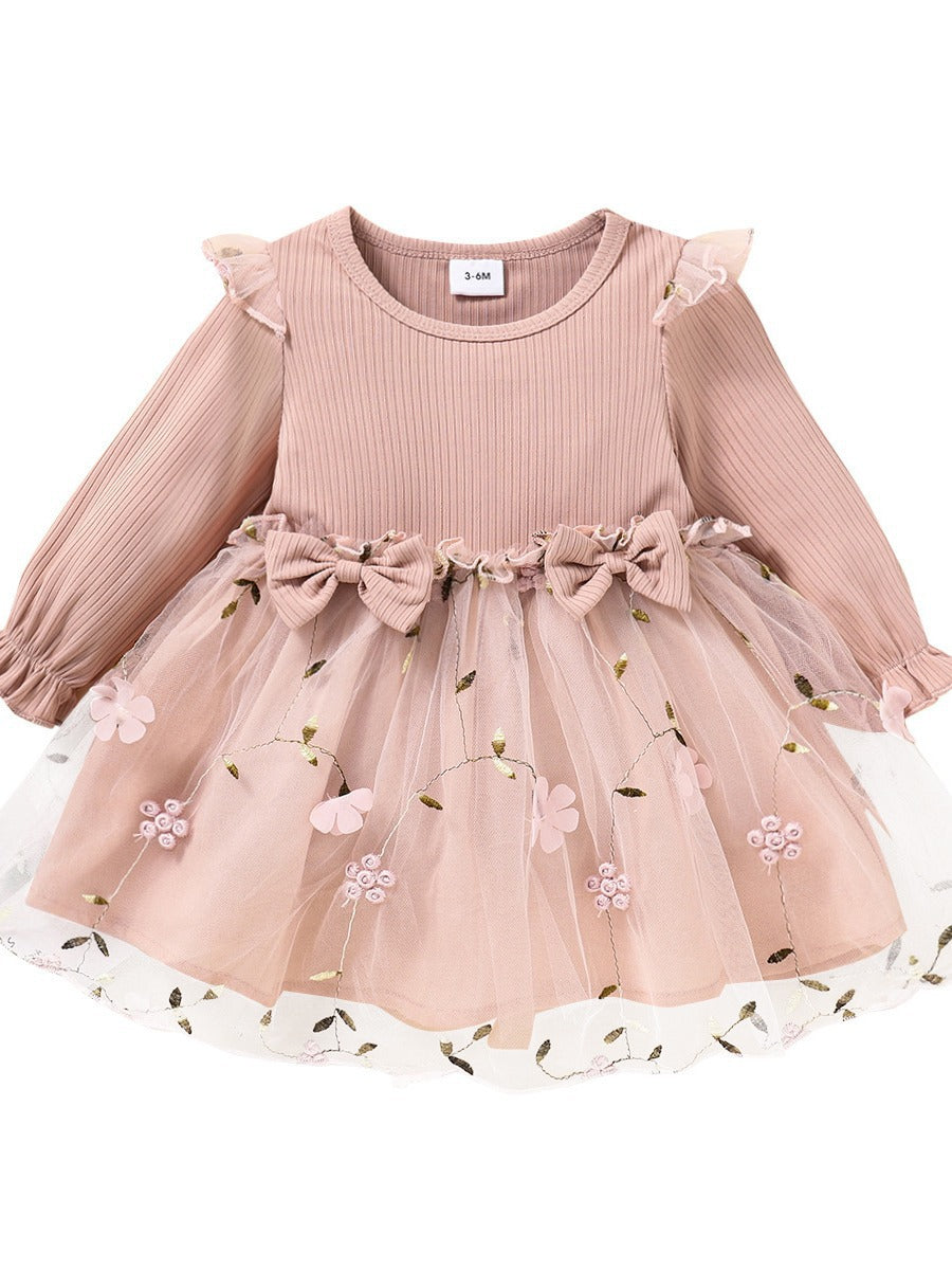 Sunken Stripe Long Sleeve Mesh Embroidered Princess Bow Birthday Children's Dress