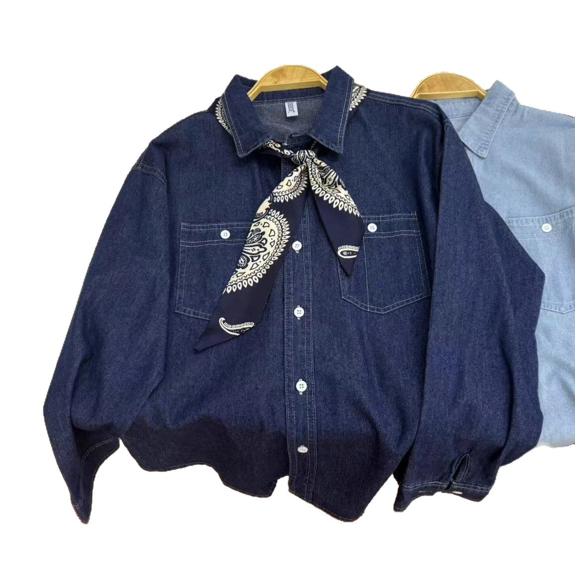 Women's Solid Color Denim Shirt Long Sleeve Blouse