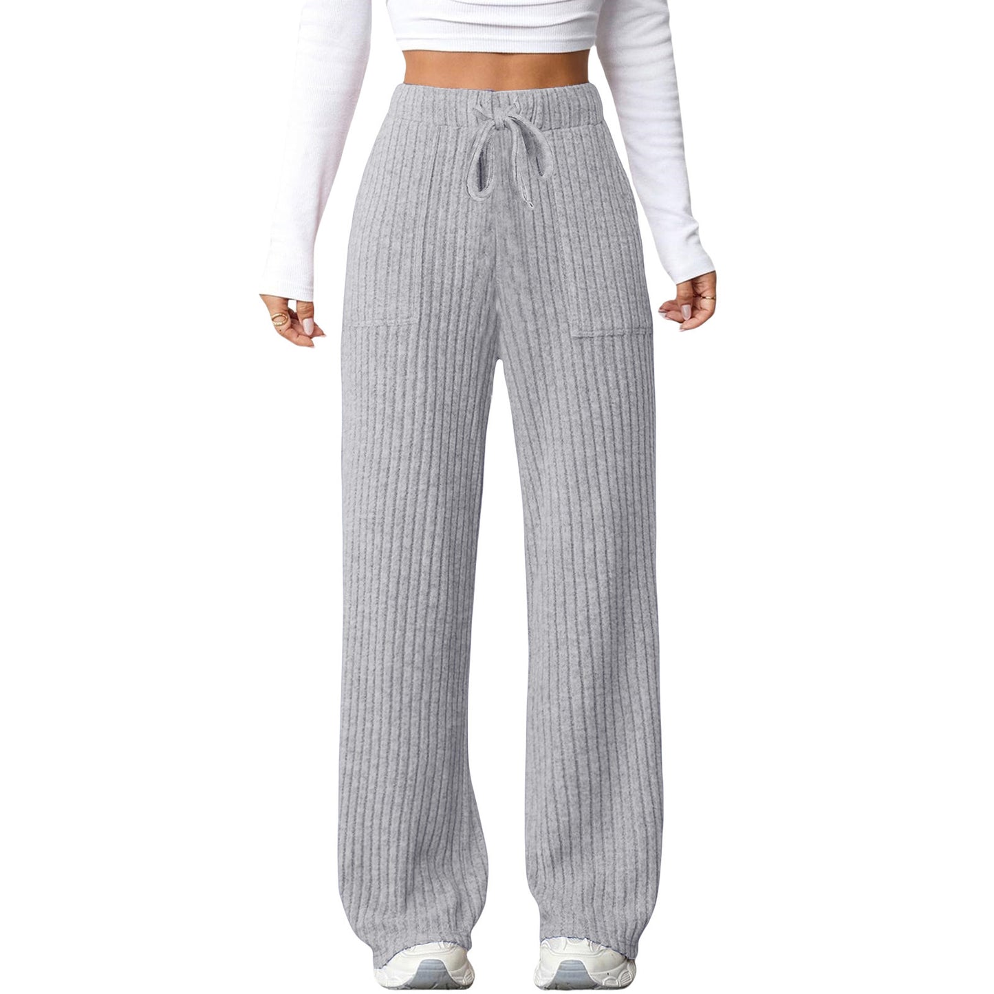 Women's Solid Color Rib Fabric Pocket Casual Pants
