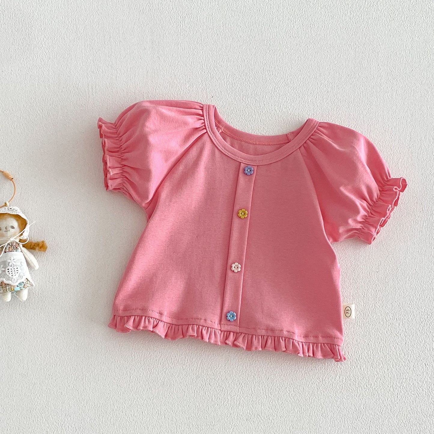 Children's Buckle Summer Clothes Thin Fashionable Korean Style Puff Children's T-shirt