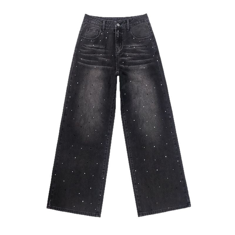 Retro Distressed Rhinestone Loose High Waist Black Women's Jeans