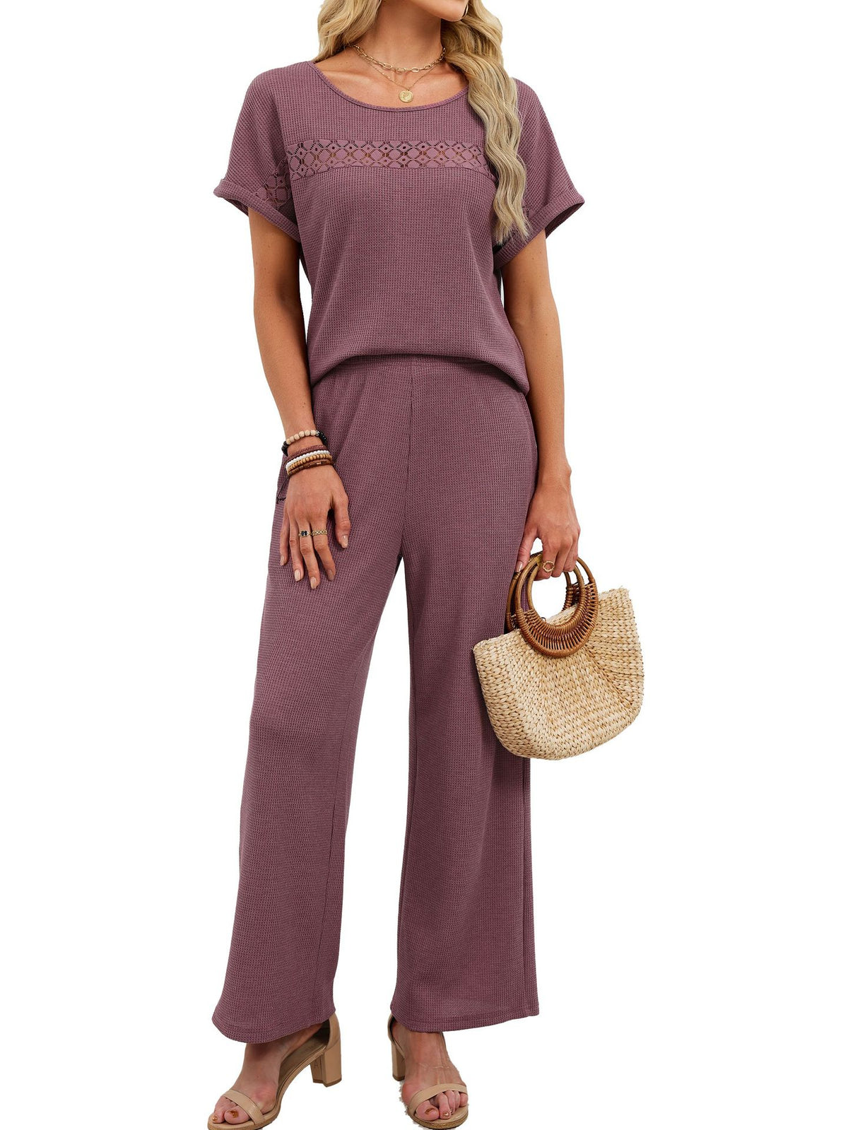 Women's Solid Color Round Neck Lace Ruffled Sleeves Fashion Casual Suit