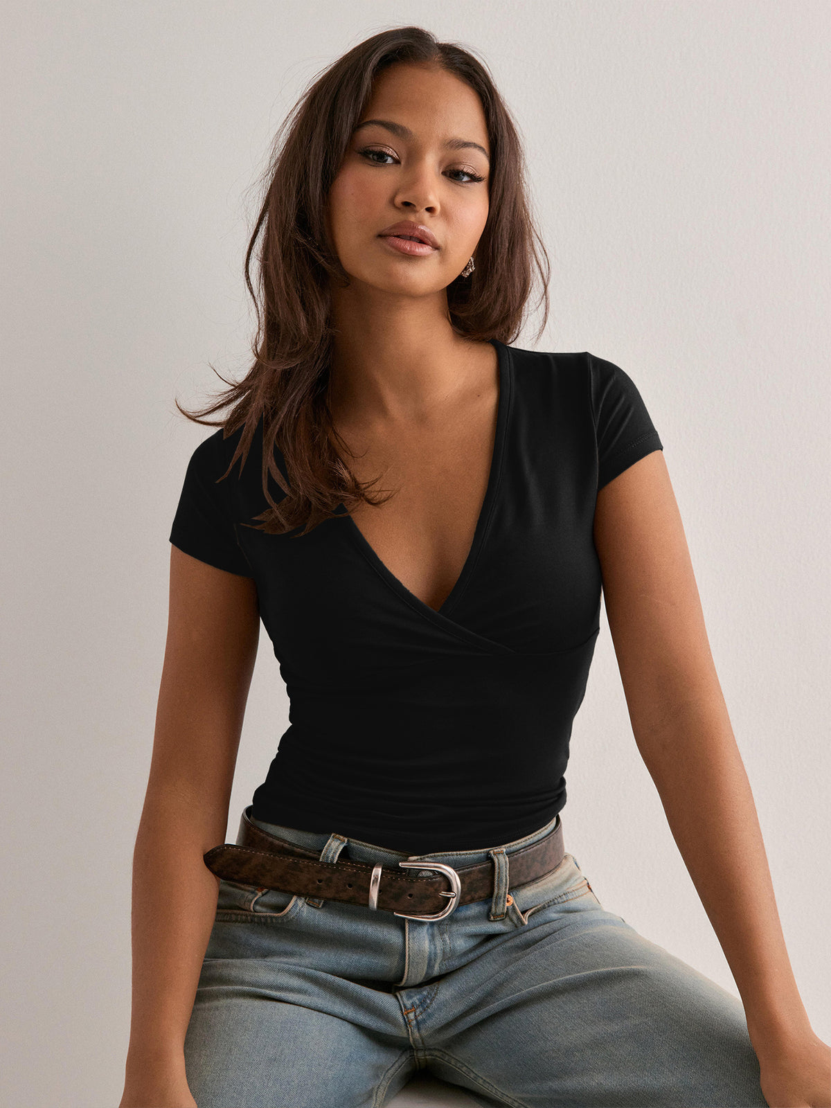 Women's Solid Color Slim Fit Collar Sleeve Women's T-shirt