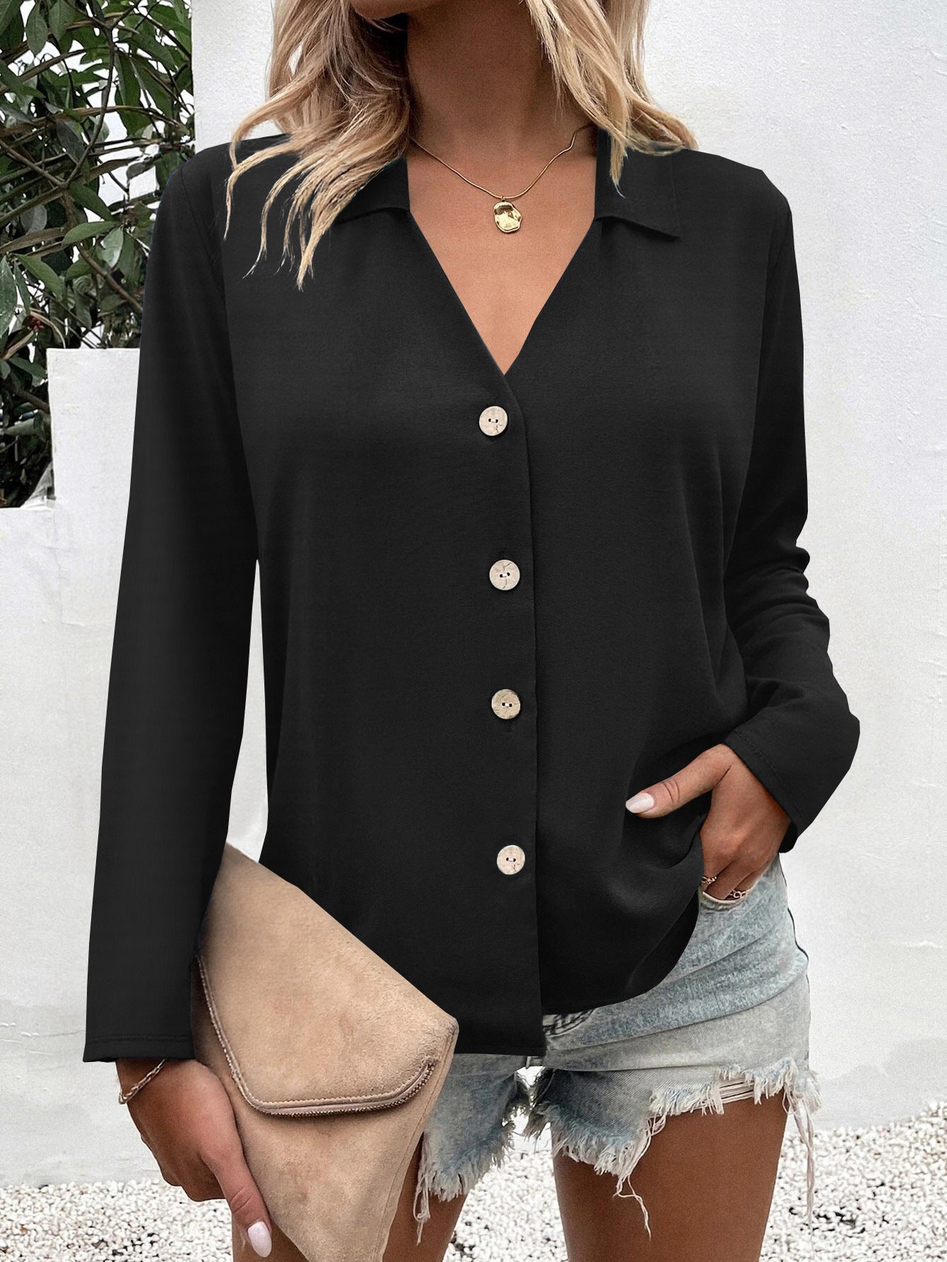 Women's Solid Color Long Sleeve Ice Silk Elegant Blouse