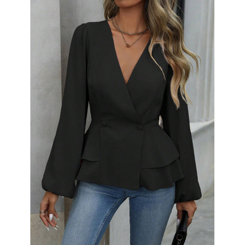 Women's American Style Gentle Autumn East Design Solid Color Fashion Stitching Blouse