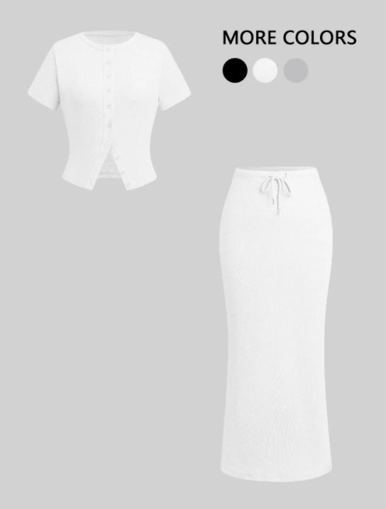 Summer Buttoned Short-sleeved Dress Female Ornament Fashion Casual Suit
