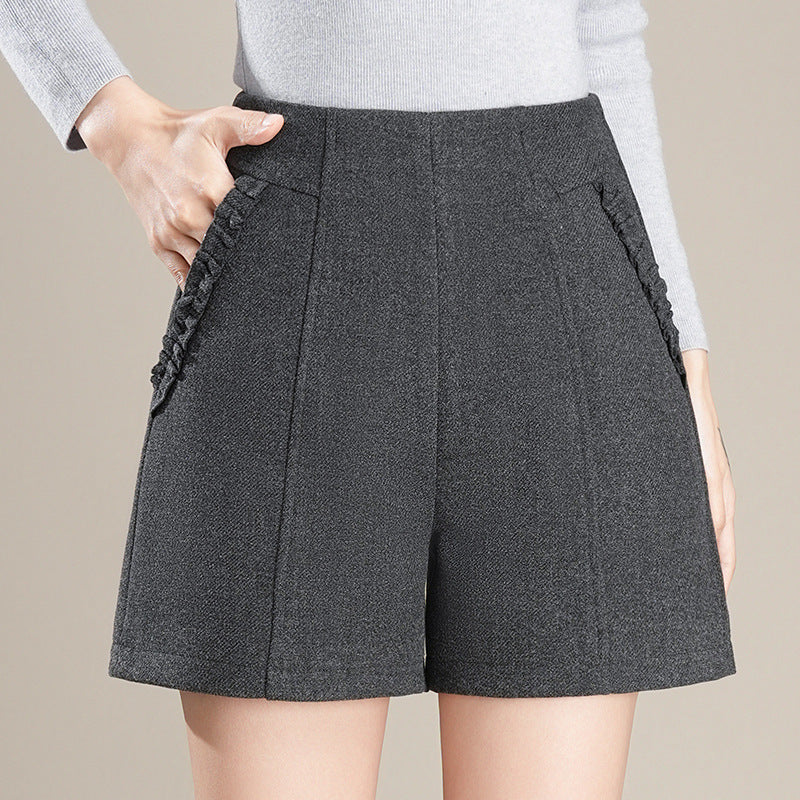 Women's Korean Style Gray High Waist Woolen Straight A- Line Outdoor Casual Pants