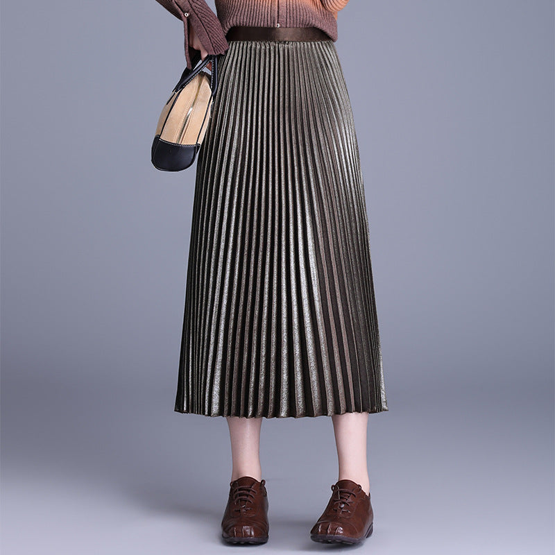 Pleated Autumn High Waist Mid-length Long Dress Temperament Drape A- Skirt