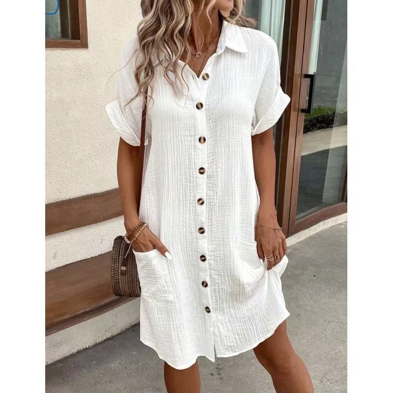 Women's Cotton Linen Breasted Mid-length Sleeve Loose Shirt Shorts