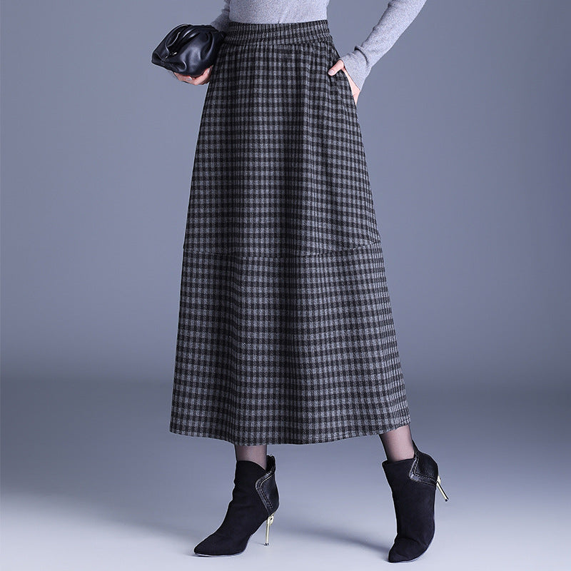 Plaid Mid-length Fashion Casual Elastic Waist Skirt
