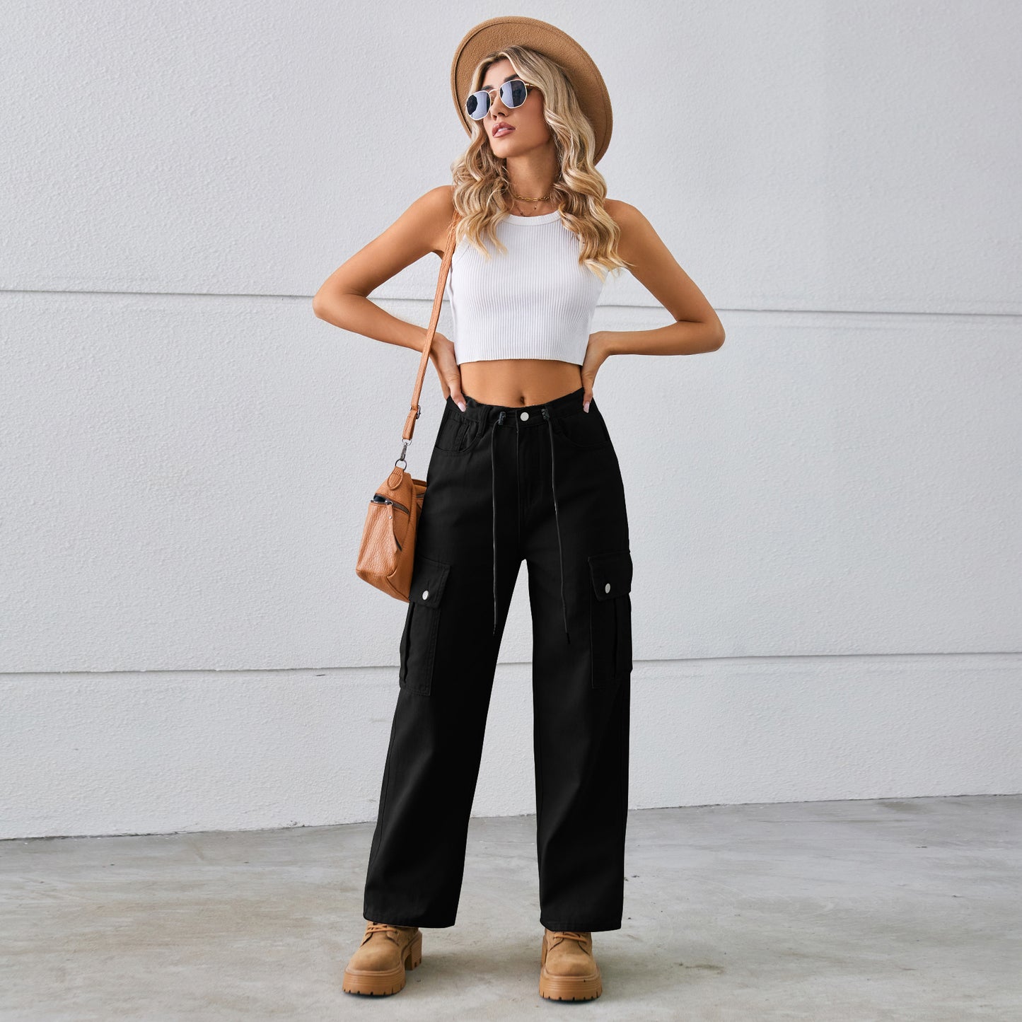 Women's Denim Drawstring Adjustable Washed Cargo Trousers Casual Pants
