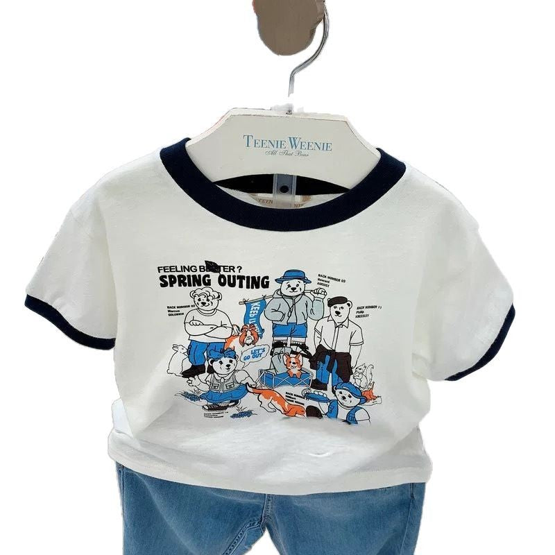 Cotton Summer Korean Style Little Bear Boys Cartoon Printed Pure Children's T-shirt