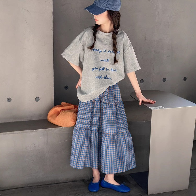 Tartan Skirt Loose Letter T-shirt Long Korean Style Short Sleeve Children's Suit