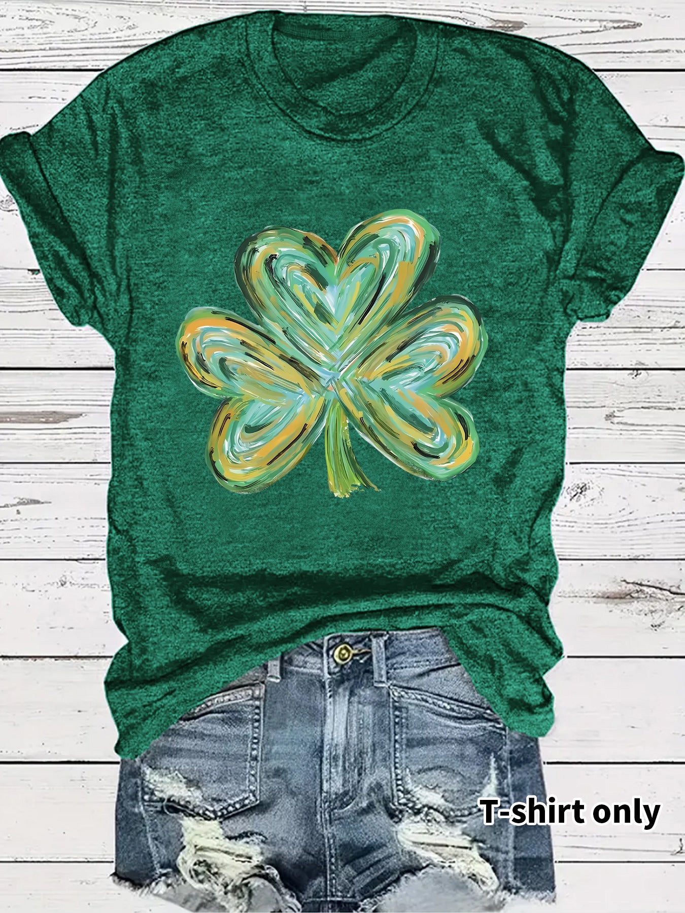 Women's Summer Green Clover Print Round Neck Clothing