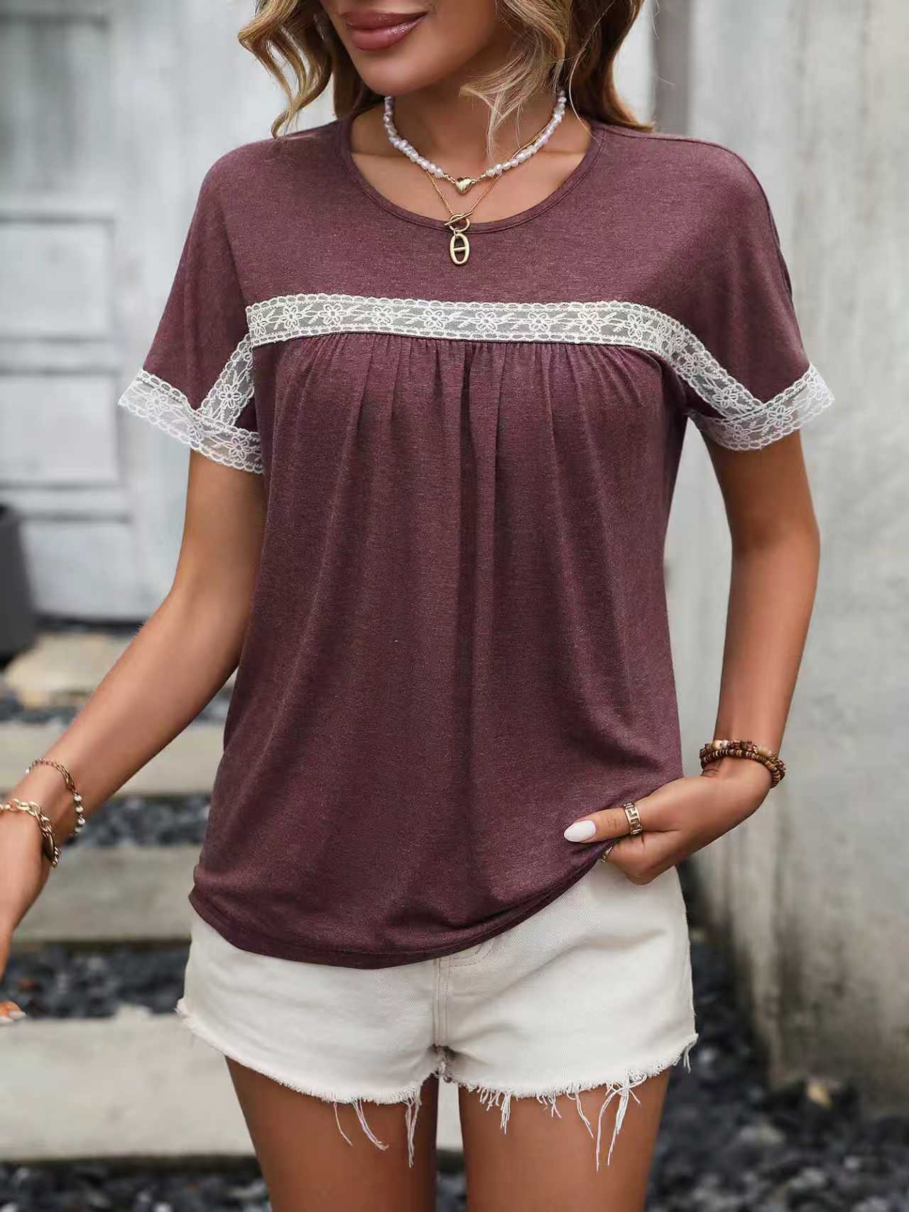 Women's Round Neck Lace Patchwork Short-sleeved Women's T-shirt