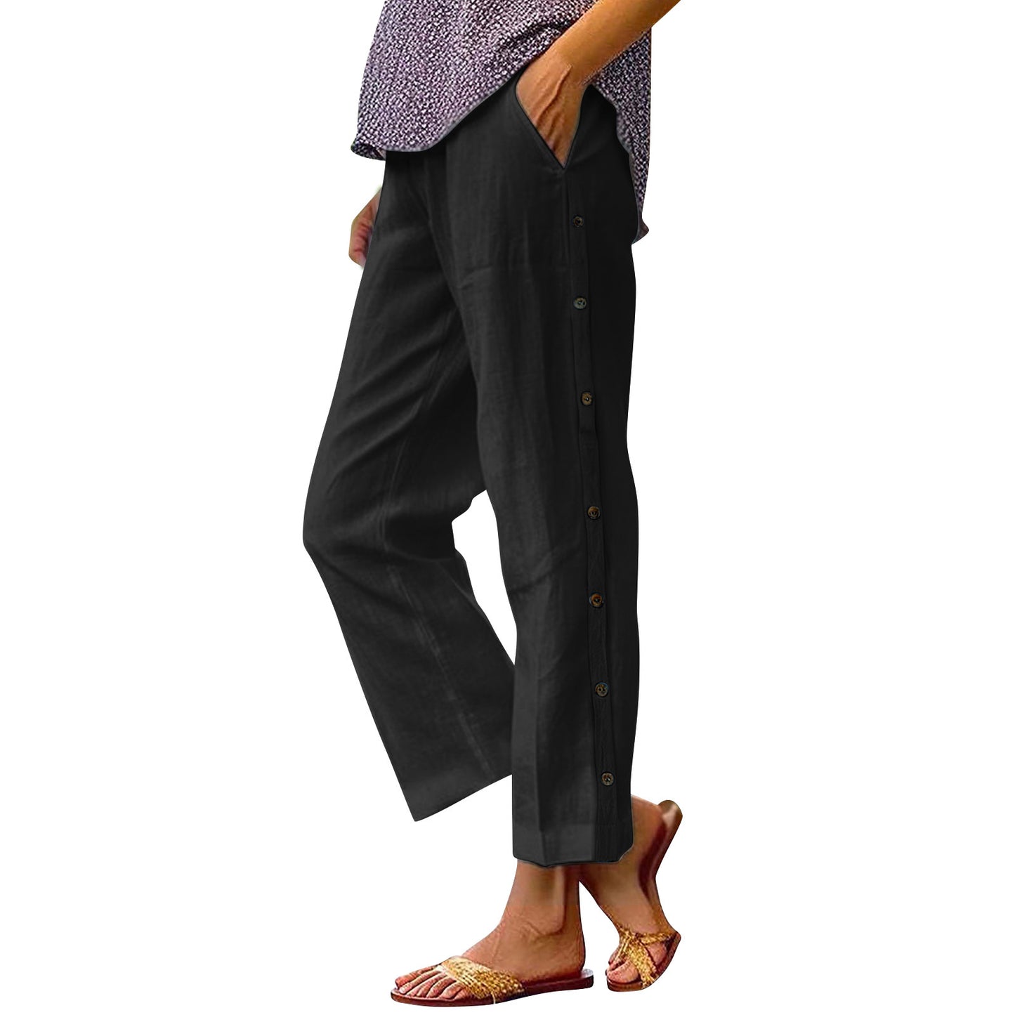 Holiday Slim Looking Cotton Linen Breathable Cropped Featured Fastener Casual Pants