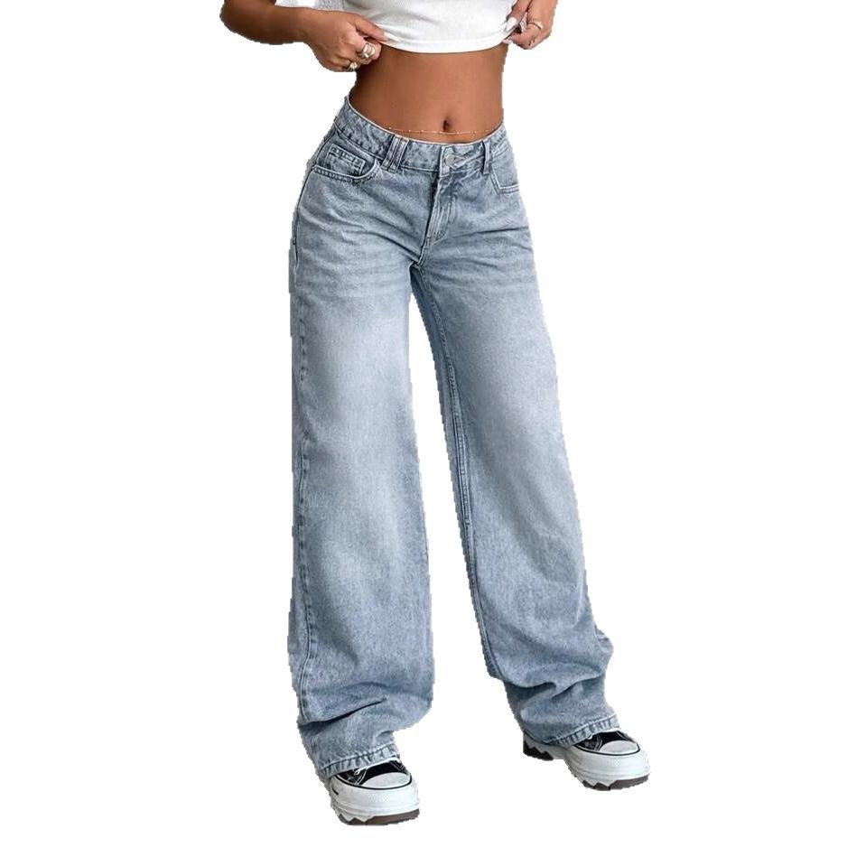 Women's American Street Vintage Smoky Gray Washed Wide Leg For High Jeans