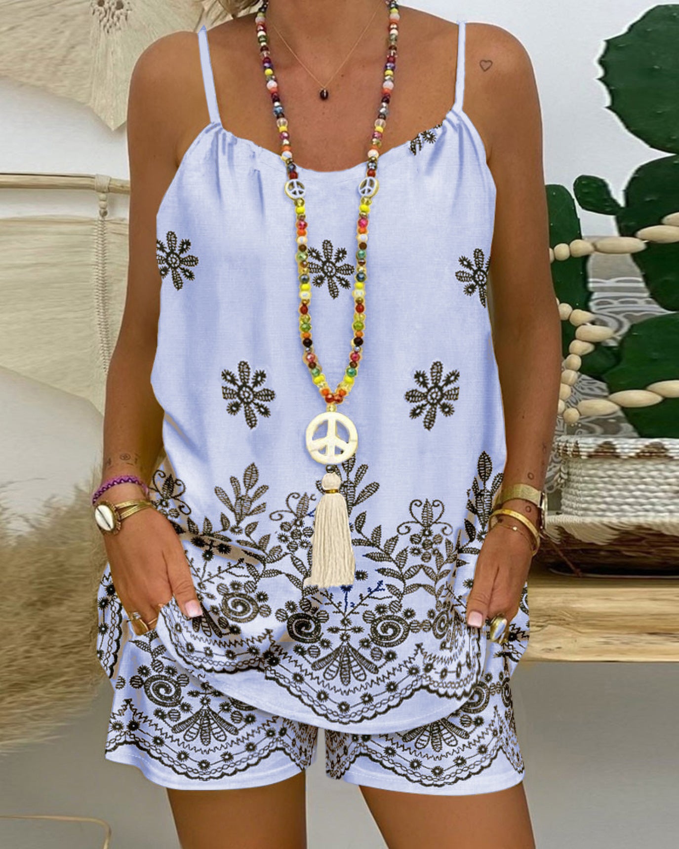 Vacation Style Floral Print Spaghetti Strap Tank Pocket Fashion Casual Suit