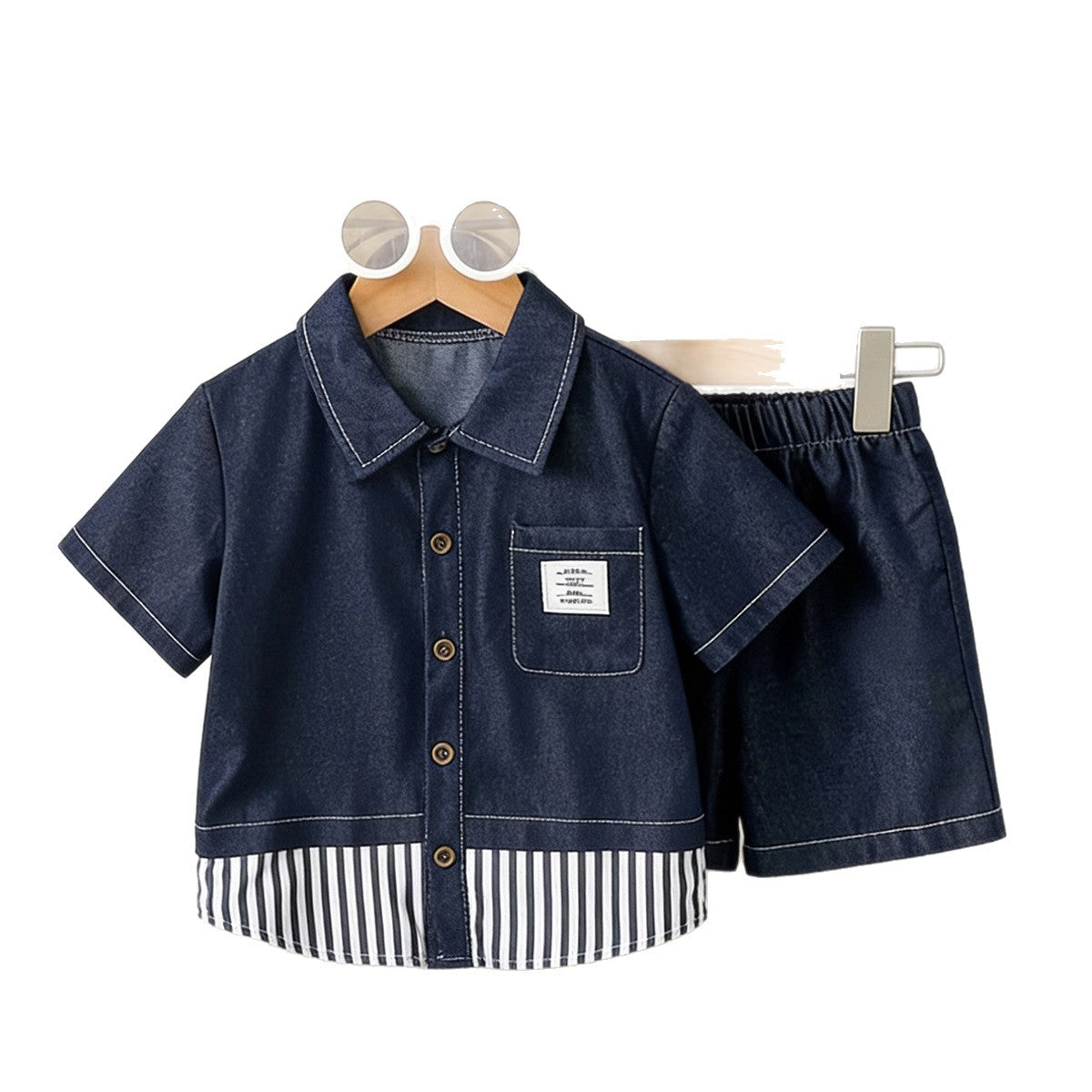 Children's Summer Denim Trendy Korean Casual Fashion Lapel Shirt Shorts Two-piece Children's Suit
