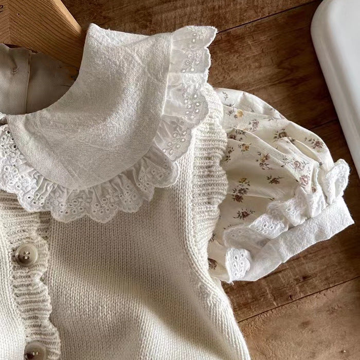 Style Lace Lapel Floral Short Sleeve Princess Going Jumpsuit, Climbing Suit