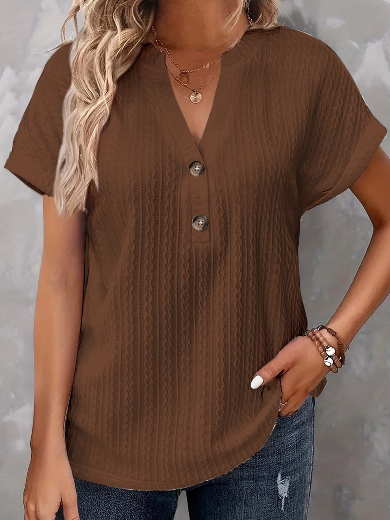 Women's Fashion Casual Solid Color Buttons Women's T-shirt
