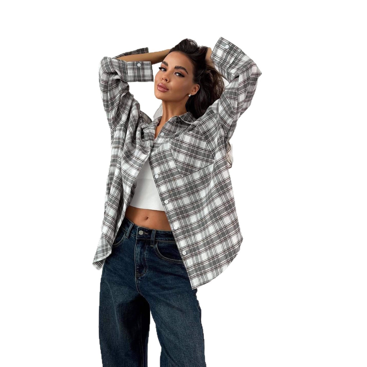 Women's Plaid Shirt Lapel Loose Slimming Mid-length Blouse