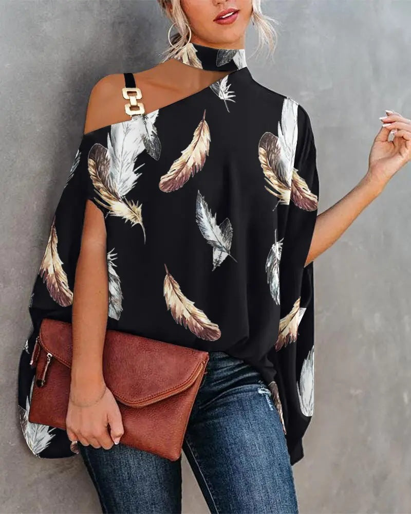 Women's Short-sleeved Summer Bat Print Halter Lace Shirt, Chiffon Shirt