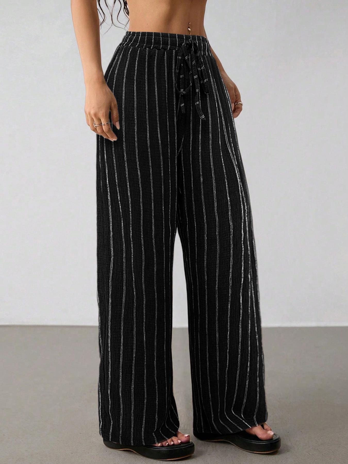Women's Loose Striped Drawstring Elastic Waist Contrast Color Wide Leg Casual Pants
