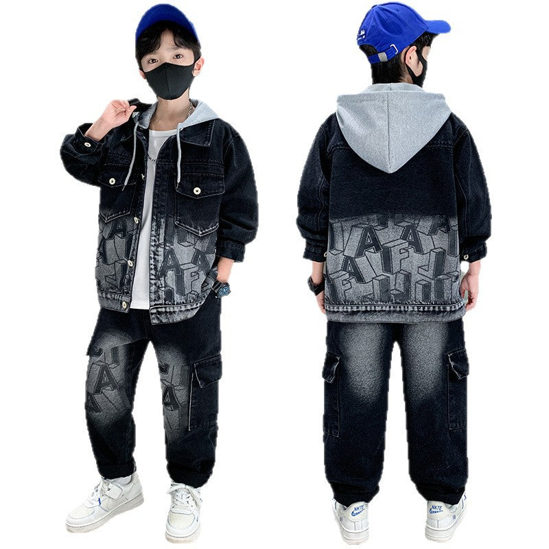 Children's Boy's Denim Medium Big Korean Style Two-piece Children's Suit