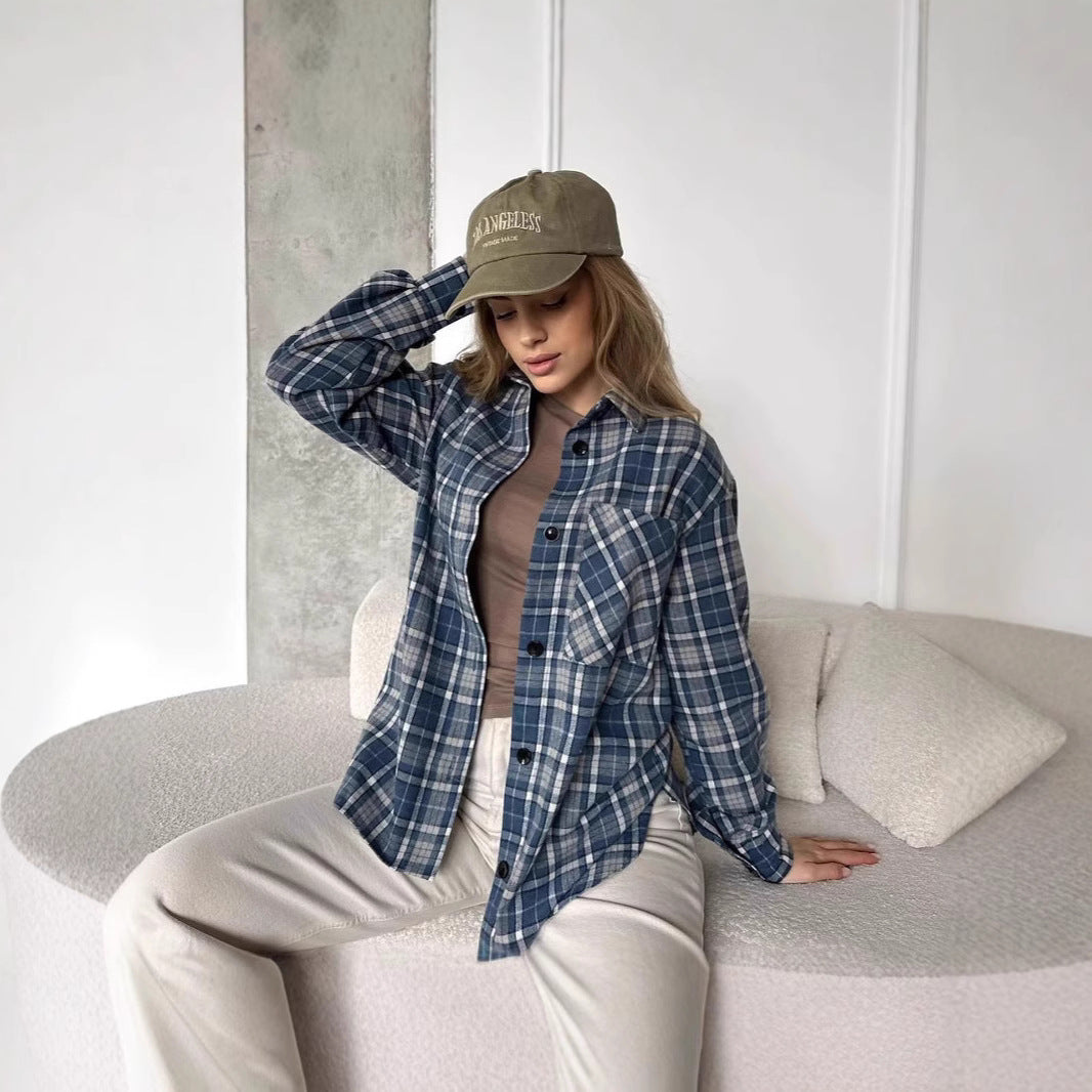 Women's Shirt Fashionable Plaid Mid-length Casual Temperament Tops