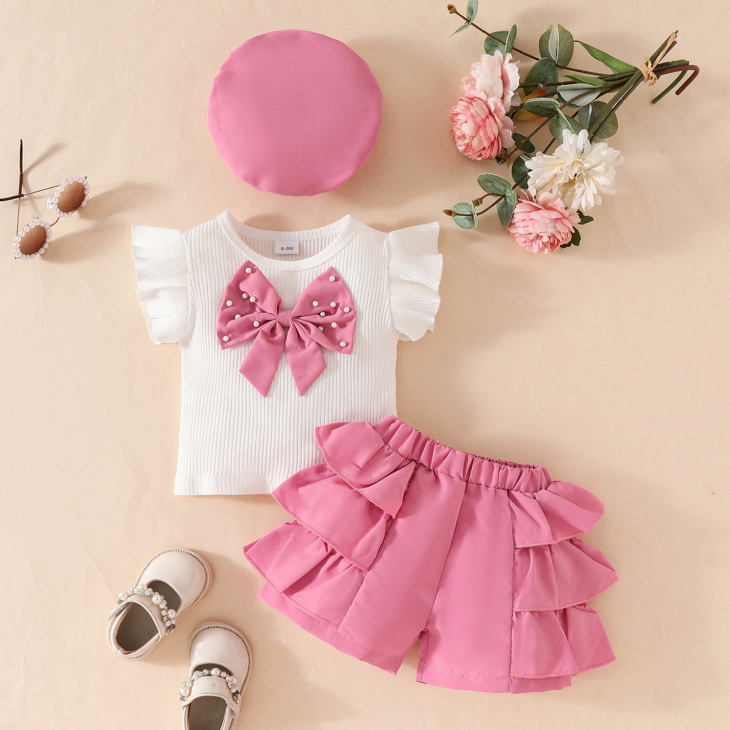 Big Bow Sleeveless Sunken Stripe Top Lace Shorts Beret Children's Suit