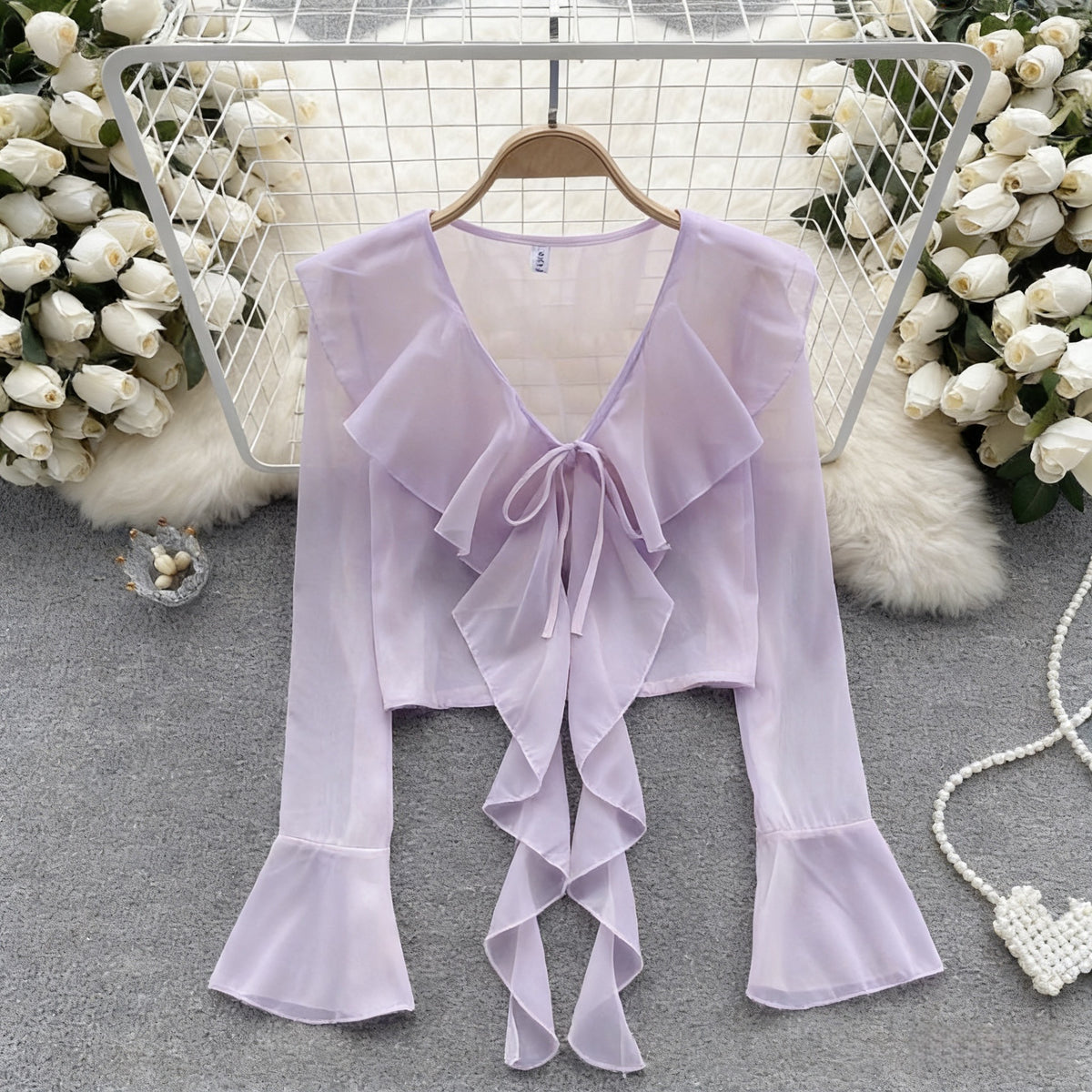 Women's Style Super Fairy Mesh Bow Strap Lace Shirt, Chiffon Shirt