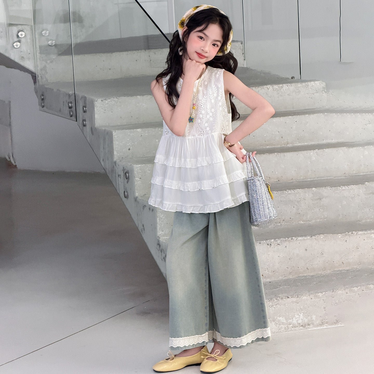Blouse Jeans Summer Middle Big Shirt Top Wide Children's Suit