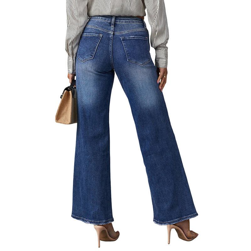 Women's Washed Dark Blue Straight High Elasticity Denim Super Women's Jeans