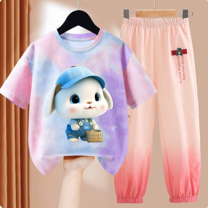 Clothes T-shirt Medium Large Short Sleeved Ice Silk Trousers Two-piece Children's Suit