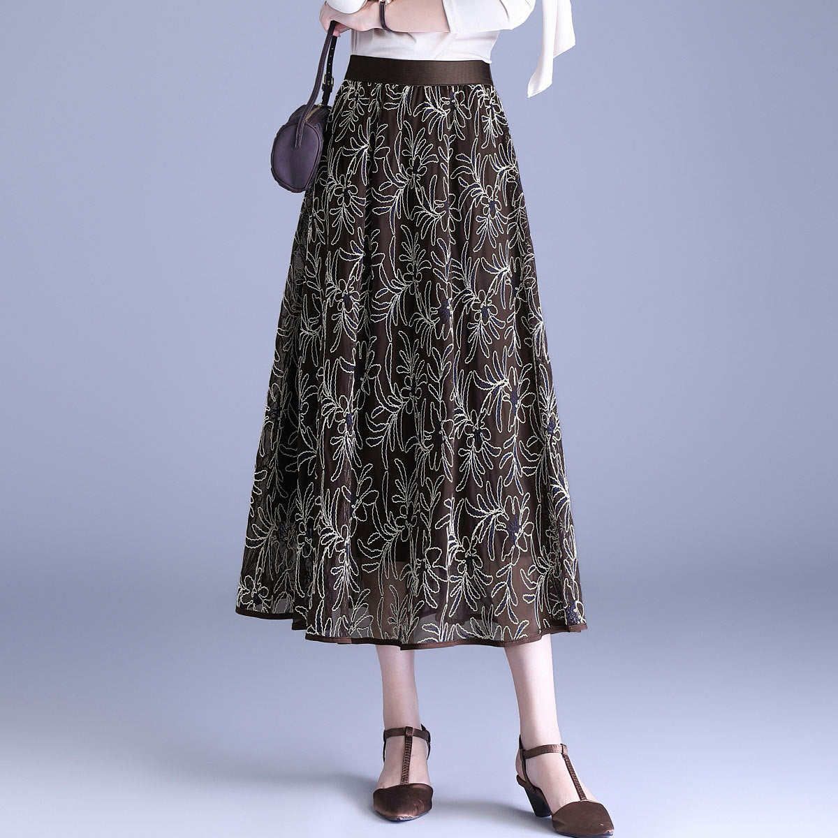Women's Korean Style Printed Two-sided Wear Mesh Autumn Mid-length High Waist Skirt