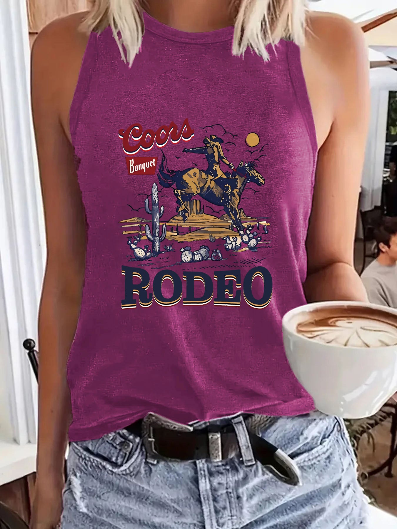Women's Western Denim Sleeveless T-shirt Round Neck Pullover Vests