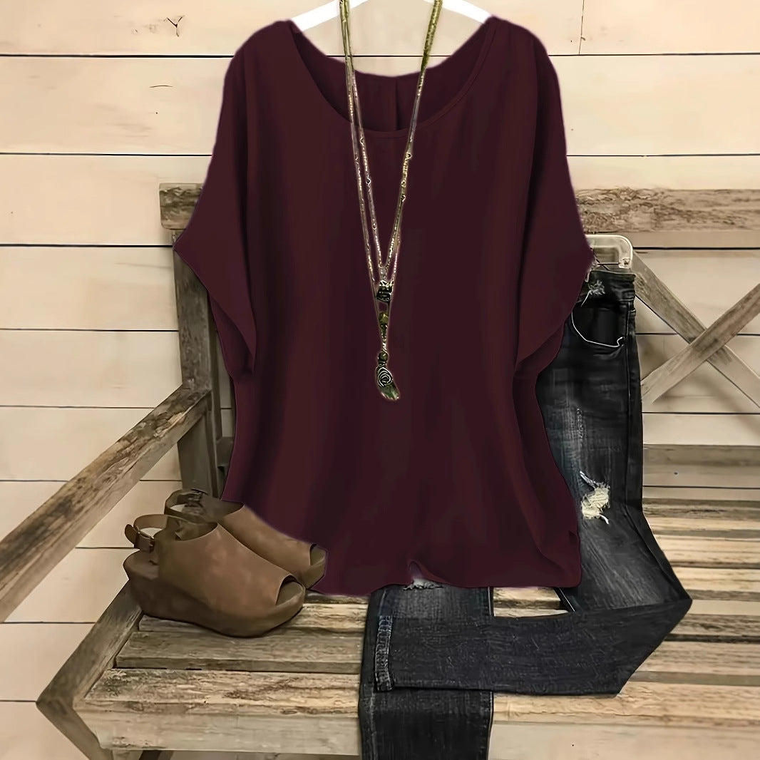 Women's Summer Retro Crew Neck Solid Color Cotton Linen Tops