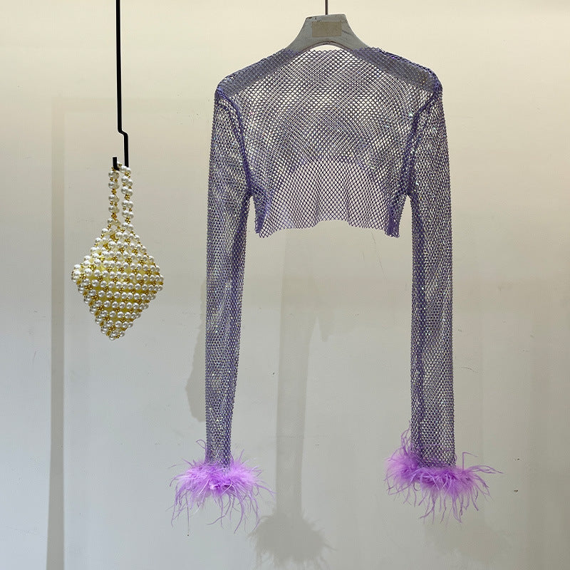 Fashion Rhinestone Long Sleeve Shiny Cuff Ostrich Tops