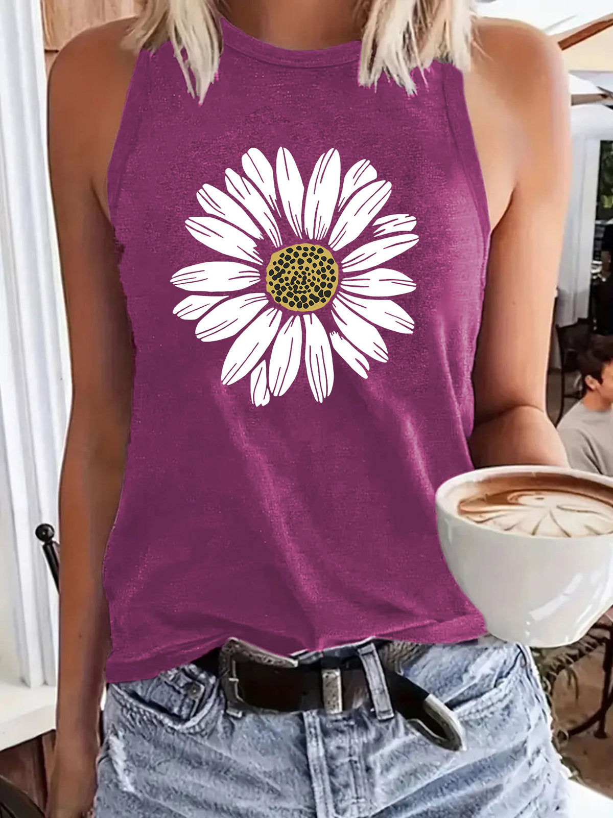 Women's Sleeveless Sunflower Print Loose Comfort Casual Fashion Tops