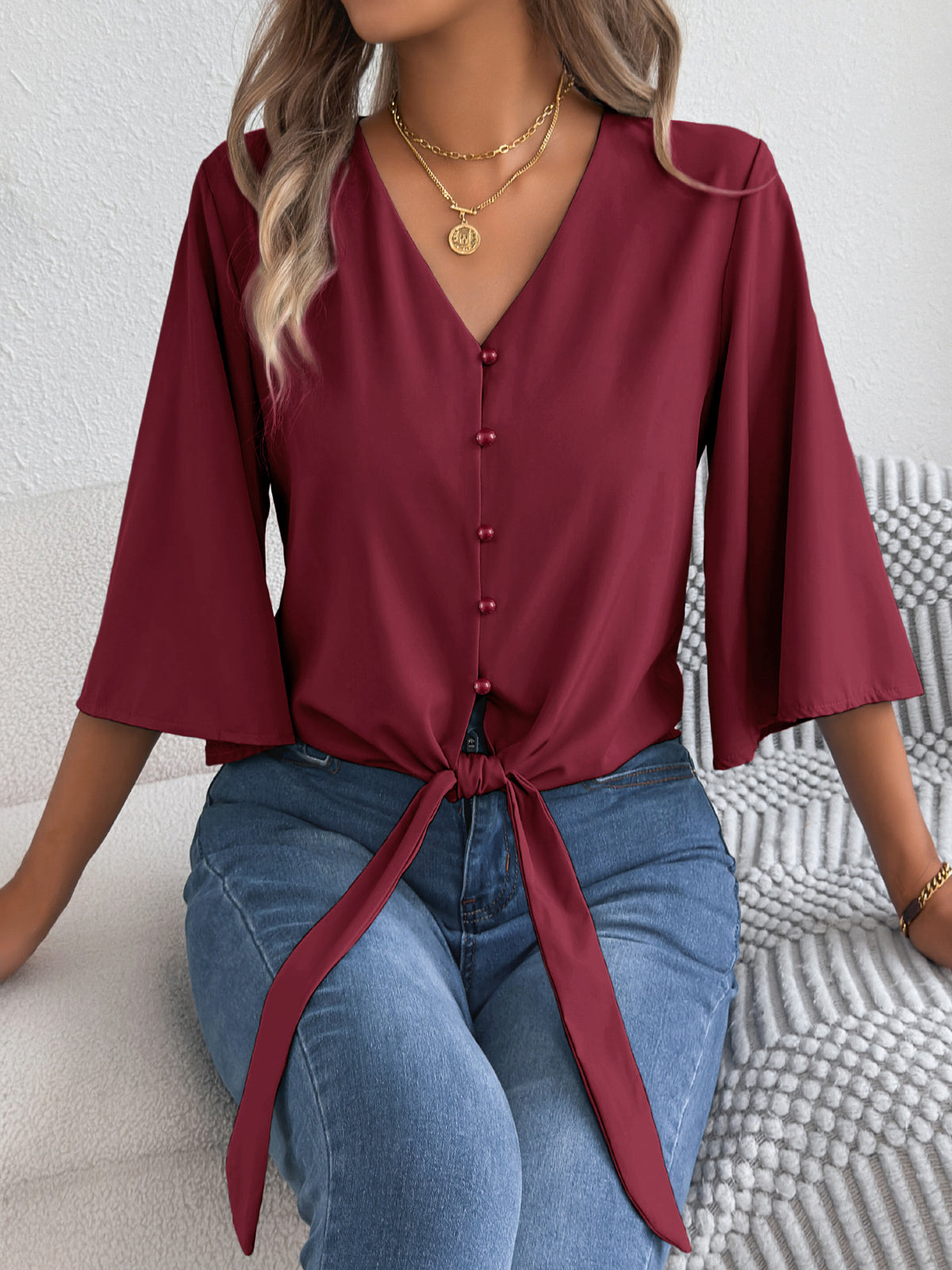 Women's Casual Button Three-quarter Sleeve Knotted Lace Shirt, Chiffon Shirt