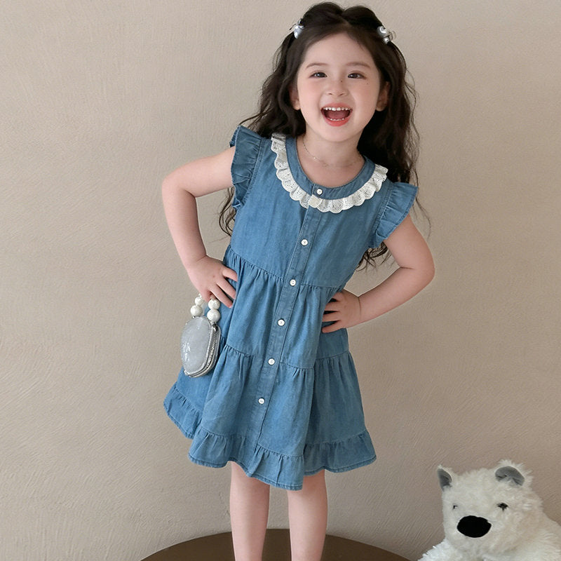 Children's Summer Fashionable Short Sleeve Korean Style Denim Skirt Cute Children's Dress