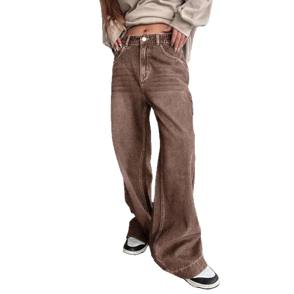 Women's Waist Straight Coffee Color Washed Retro Loose American Gradient Brown Women's Jeans