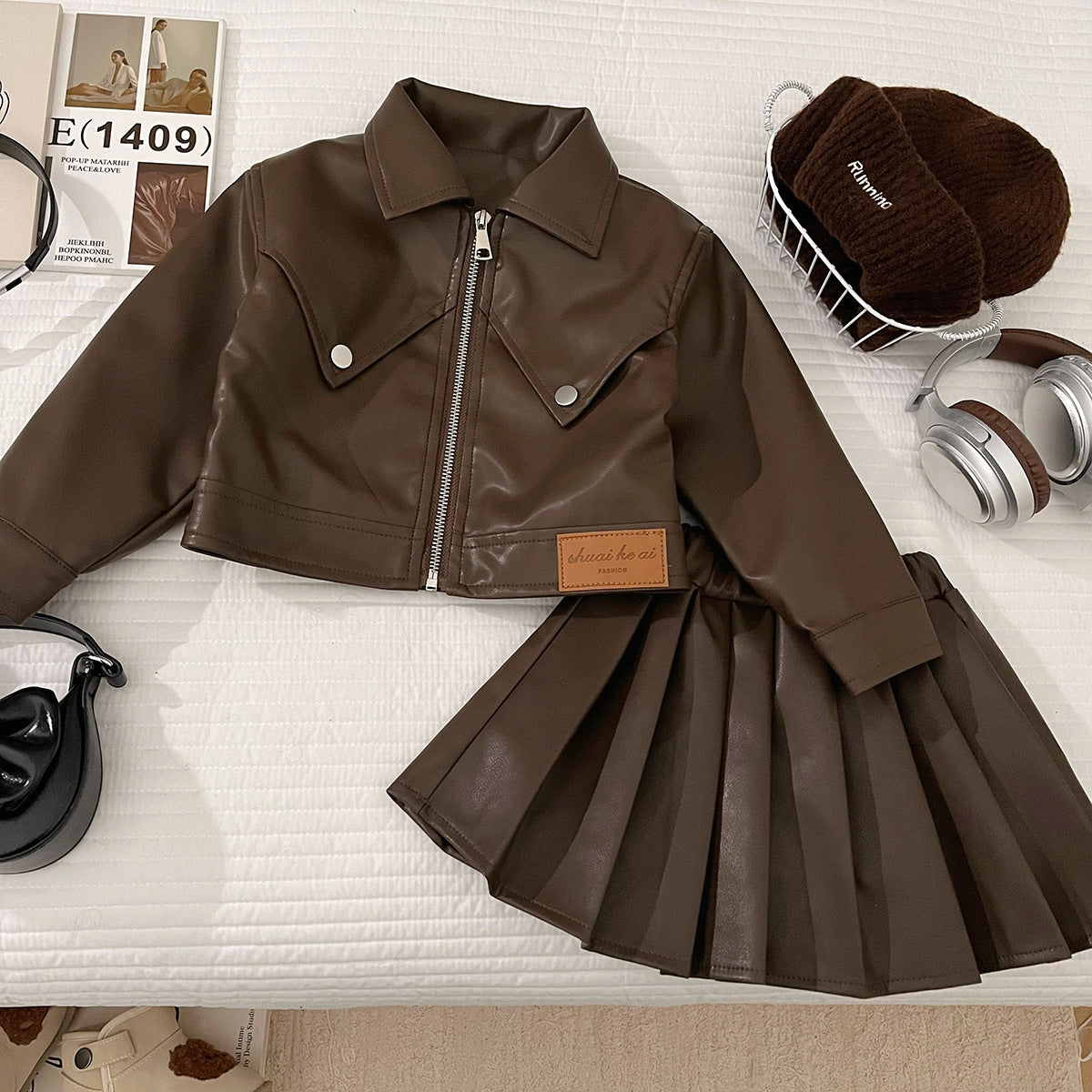 Children's Autumn Leather Little Korean Fashion Motorcycle Clothing Coat Pleated Skirt Children's Suit