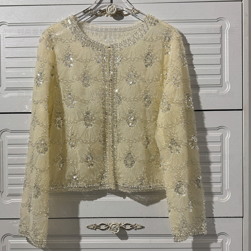 Long Sleeve Round Neck Stage Luxury Trendy Beaded Lace Shirt, Chiffon Shirt
